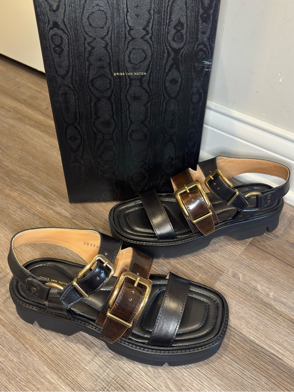 Dries Van Noten Buckle Black Brown Leather Dual Strap Platform Sandals - Picture 2 of 14